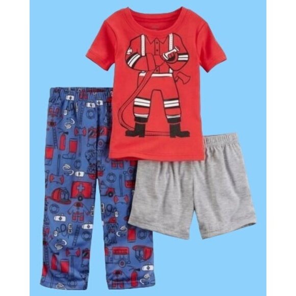 Carters 18 Mo 3 Piece Fireman Pajamas Short Sleeves Shorts Pants Boys Pjs New - Picture 1 of 4